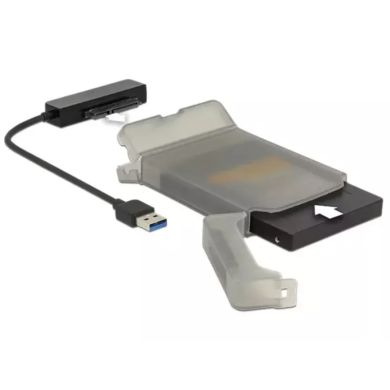 Delock 62742 adapteris no USB 3.0 Type-A uz SATA 22 kontaktu (6 Gb/s) 2,5" diskiem, ar aizsargapvalku, melns/pelēks