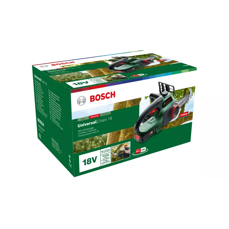 Bezvada motorzāģis Bosch UniversalChain 18 — 13.5 cm ķēde, 20 cm riepa, 2.5 Ah akumulators, 3 kg