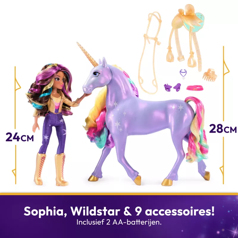 Unicorn Academy Sophia un Interaktīvā Varavīksnes Gaismas Wildstar Vienradža Rotaļlieta ar Gaismām, Skaņām un Mūziku, Leļļu un Vienradžu Rotaļlietas Meitenēm no 4 gadu vecuma
