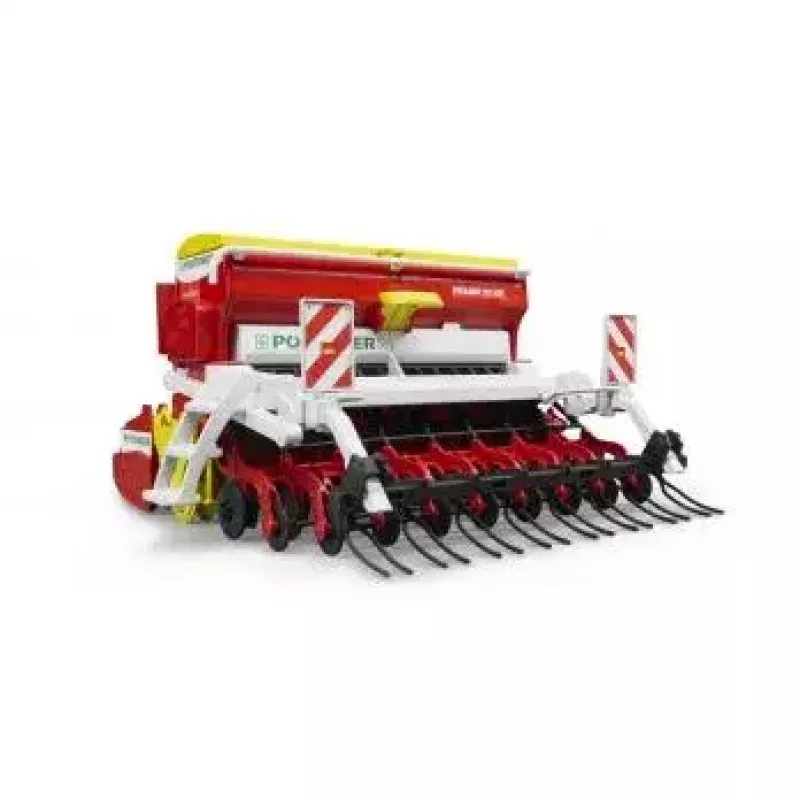 Bruder Pöttinger Vitasem 302ADD sējmašīna ar rotācijas ecēšām, 1:16 modelis, sarkana/balta/dzeltena