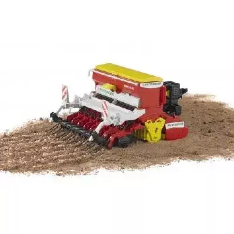 Bruder Pöttinger Vitasem 302ADD sējmašīna ar rotācijas ecēšām, 1:16 modelis, sarkana/balta/dzeltena