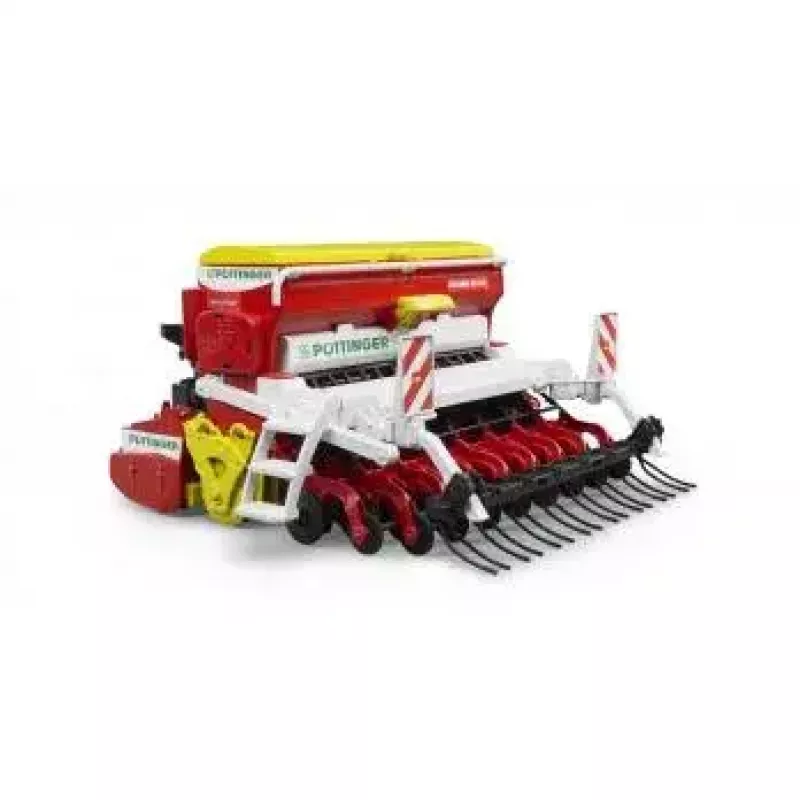 Bruder Pöttinger Vitasem 302ADD sējmašīna ar rotācijas ecēšām, 1:16 modelis, sarkana/balta/dzeltena