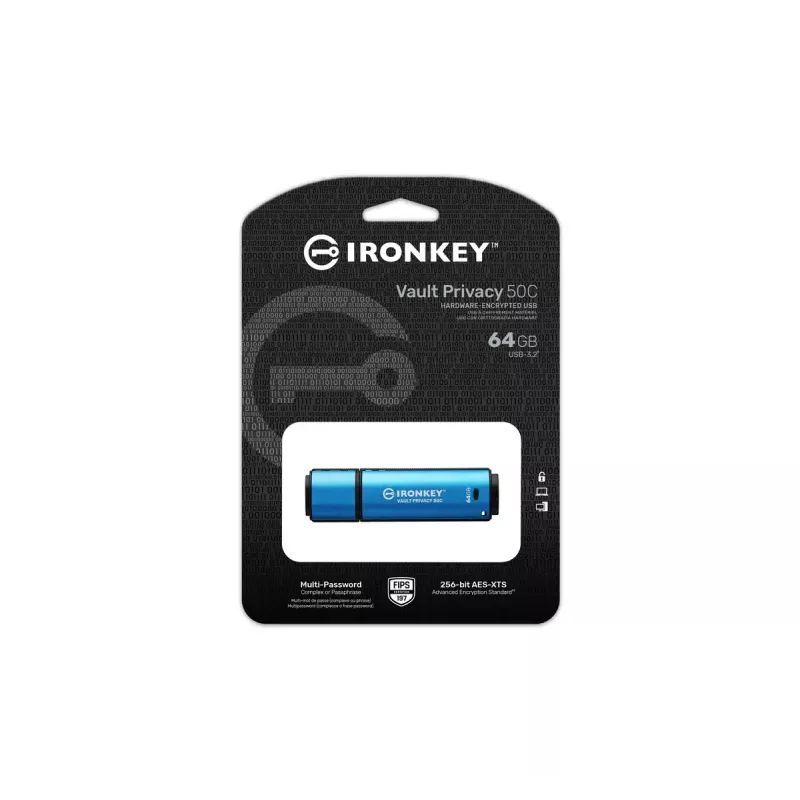 Kingston Technology IronKey 64GB USB-C Vault Privacy 50C AES-256 šifrēta, FIPS 197