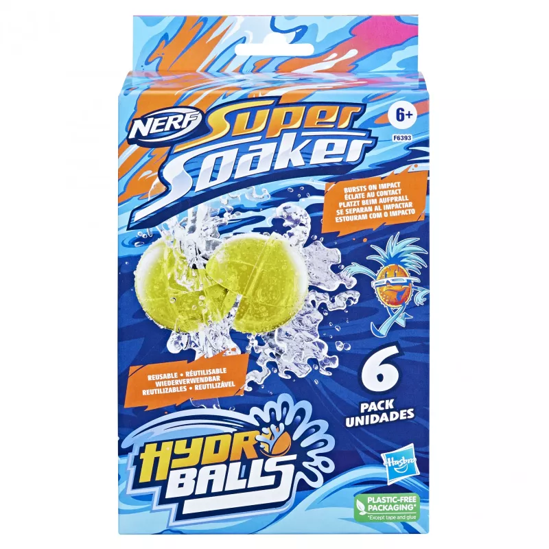 Ūdens bumbiņas HASBRO Nerf Super Soaker Hydro Balls — iebūvēta ūdens tvertne, 6 gab., plastmasa, zila/dzeltena, vecums 6+