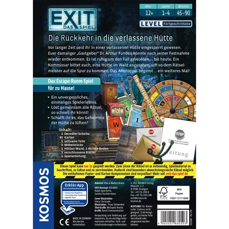 Kosmos EXIT - Die Rückkehr in die verlassene Hütte izbēgšanas tipa galda spēle, 1–4 spēlētāji, no 12 g., ģimenes spēle