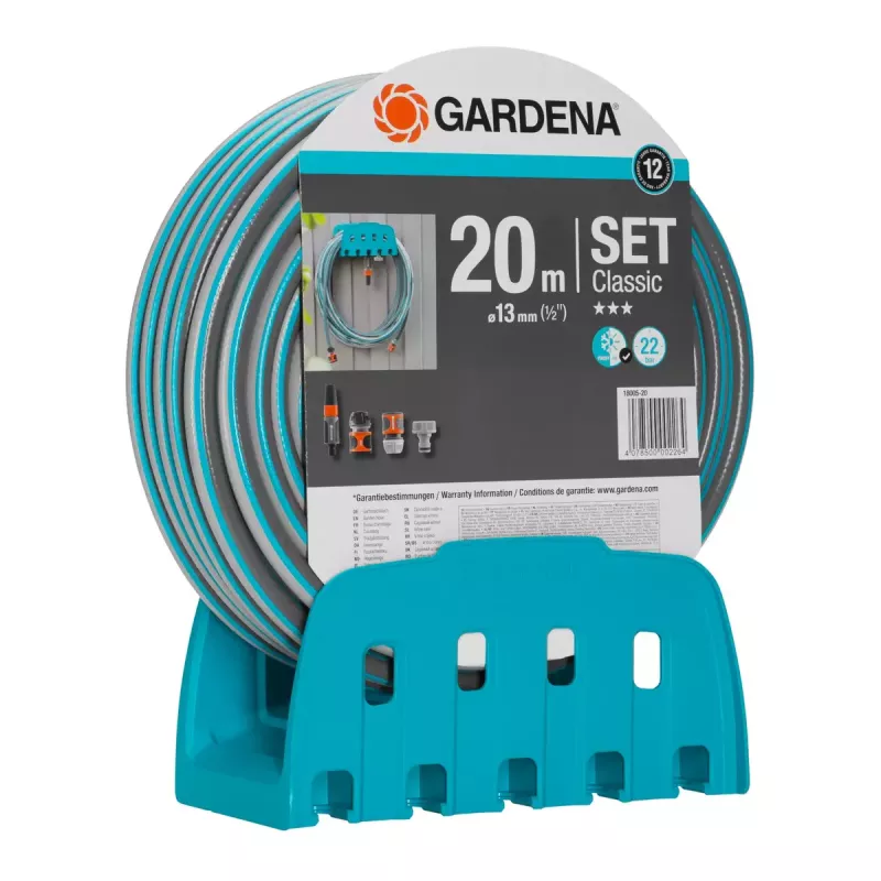 Gardena pie sienas stiprināms šļūtenes turētājs ar Classic šļūteni 13 mm (1/2"), 20 m, pelēks/tirkīza