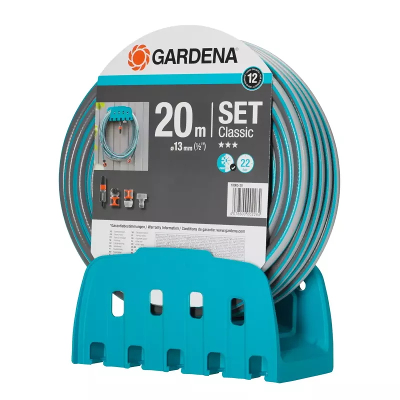 Gardena pie sienas stiprināms šļūtenes turētājs ar Classic šļūteni 13 mm (1/2"), 20 m, pelēks/tirkīza