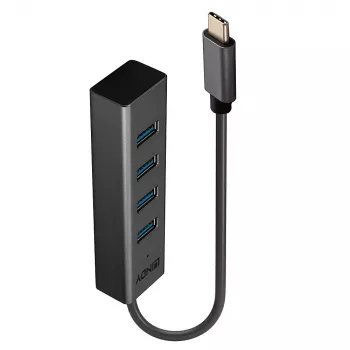 Lindy 4 Portu USB 3.2 Tipa C Centrmezgls, USB 3.2 Gen 1 (3.1 Gen 1) Type-C, USB 3.2 Gen 1 (3.1 Gen 1) Type-A, 5000 Mbit/s, Pelēks, Alumīnijs, Plastmasa, 0.3 m