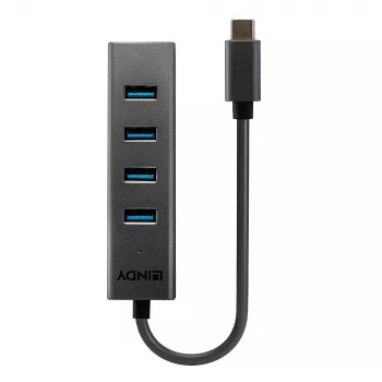 Lindy 4 Portu USB 3.2 Tipa C Centrmezgls, USB 3.2 Gen 1 (3.1 Gen 1) Type-C, USB 3.2 Gen 1 (3.1 Gen 1) Type-A, 5000 Mbit/s, Pelēks, Alumīnijs, Plastmasa, 0.3 m