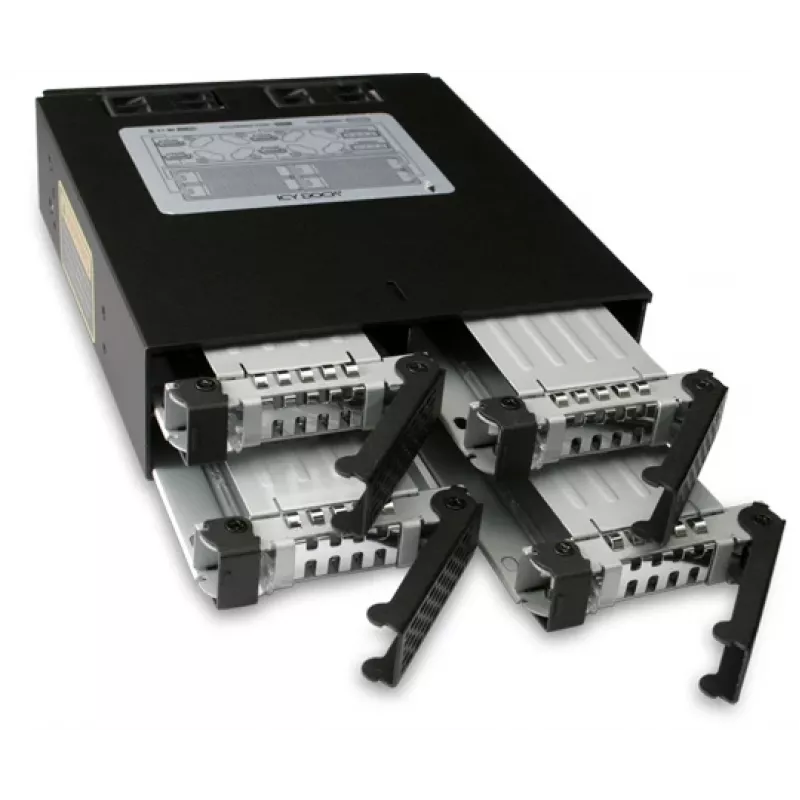 ICY DOCK ToughArmor MB994SP-4SB-1 4 vietu 2,5" SATA savienojumu plate iekšējam 5,25" nodalījumam, bez ieliktņiem, alumīnija, 40 mm ventilators, SATA 6 Gbit/s, melna