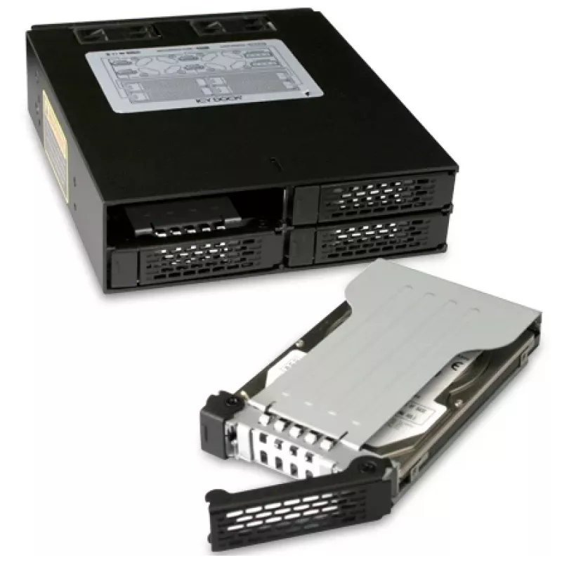 ICY DOCK ToughArmor MB994SP-4SB-1 4 vietu 2,5" SATA savienojumu plate iekšējam 5,25" nodalījumam, bez ieliktņiem, alumīnija, 40 mm ventilators, SATA 6 Gbit/s, melna