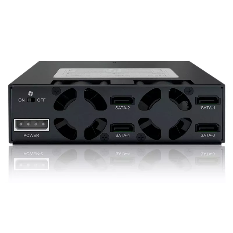 ICY DOCK ToughArmor MB994SP-4SB-1 4 vietu 2,5" SATA savienojumu plate iekšējam 5,25" nodalījumam, bez ieliktņiem, alumīnija, 40 mm ventilators, SATA 6 Gbit/s, melna