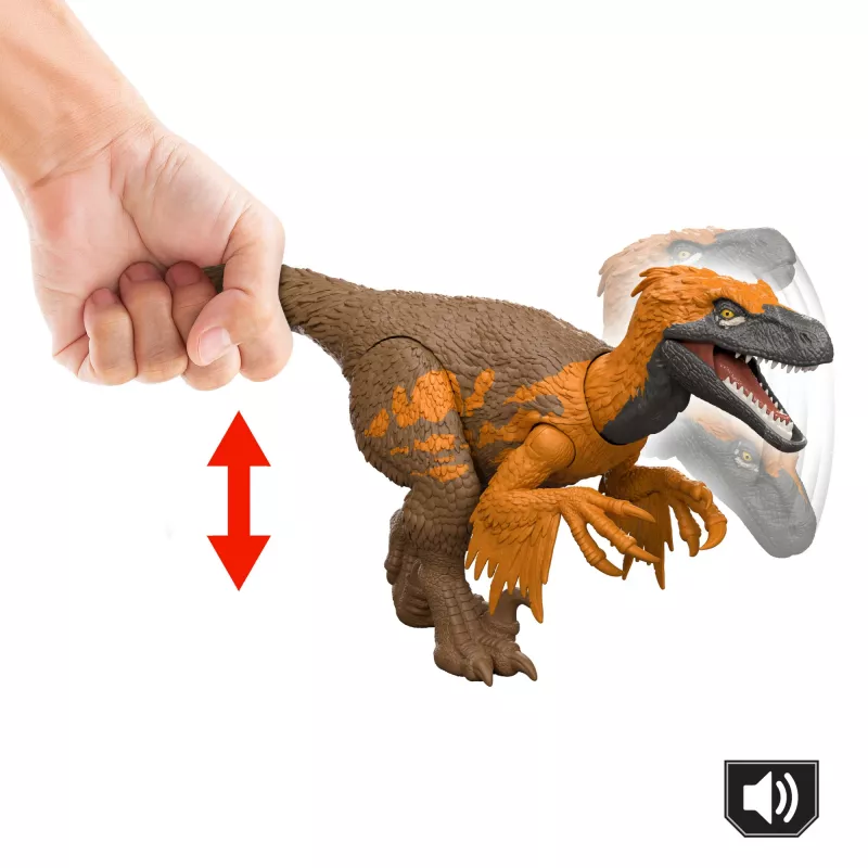 Jurassic World Rebirth Wild Roar Utahraptor dinozauru rotaļlieta, astes vadīts uzbrukums un rēciens