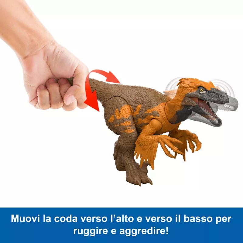 Jurassic World Rebirth Wild Roar Utahraptor dinozauru rotaļlieta, astes vadīts uzbrukums un rēciens