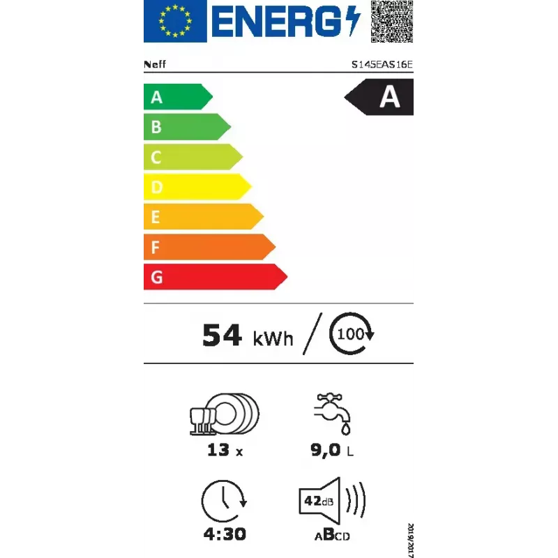 Trauku mazgājamā mašīna NEFF S145EAS16E daļēji iebūvējama, 13 komplekti, A enerģija, 42 dB, Home Connect