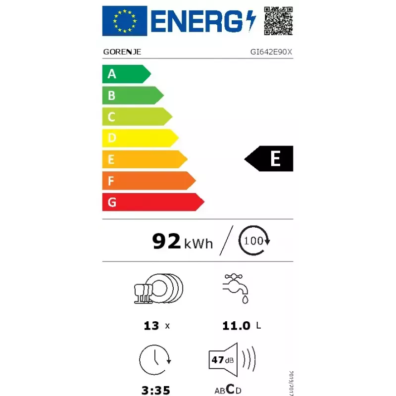 Trauku mazgājamā mašīna Gorenje GI642E90X daļēji iebūvējama, 13 komplekti, 60 cm, 47 dB, 11 L/ciklā, Energoklase E