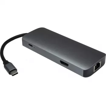 USB-C daudzportu centrmezgls INTER-TECH H-428 — USB 3.2 Gen 1 Type-C, HDMI, USB-A, SD/MicroSD, Gigabit Ethernet, 5 Gbit/s