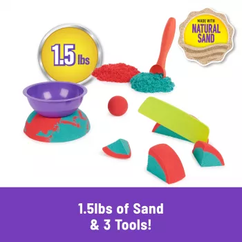 Bērnu kinētiskās smiltis Spinmaster Mold n’ Flow 1.5 lb sarkanā un tirkīza krāsā ar 3 instrumentiem (3+)