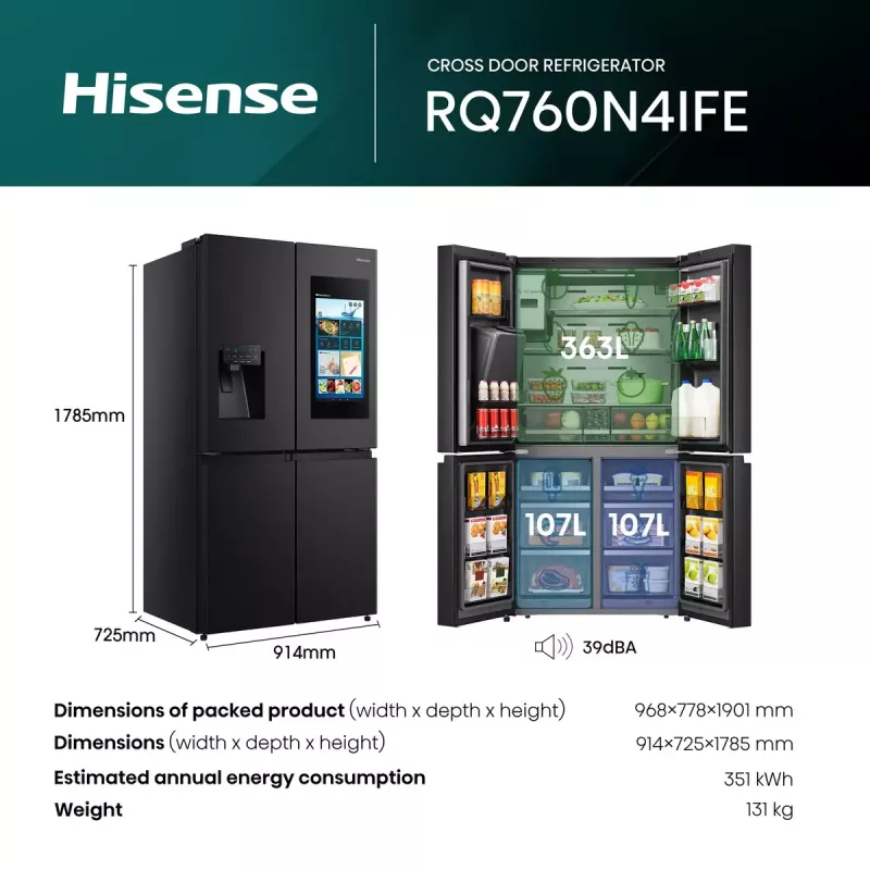 Hisense RQ760N4IFE brīvstāvošs vairāku durvju ledusskapis, 577 L, melns
