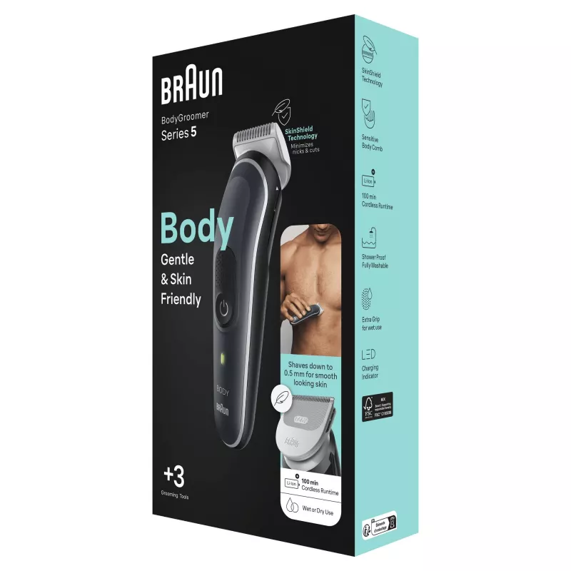 Braun BodyGroomer 5 BG5340 ķermeņa matu griezējs ar SkinShield tehnoloģiju un 2 stiprinājumiem