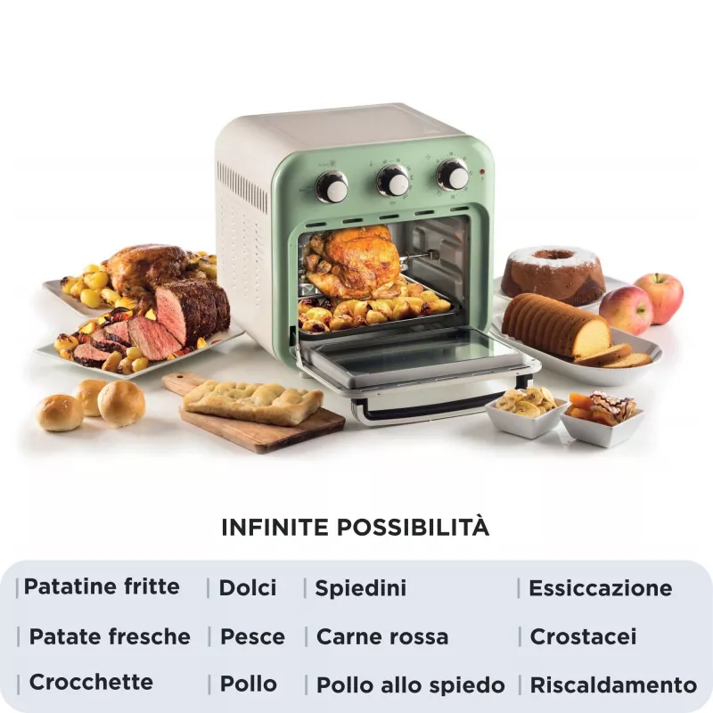 Ariete 4632 Gaisa fritējs un cepeškrāsns Vintage, 1400W, 2in1, Tilpums 16L, Piederumi komplektā, Taimeris 60 minūtes, Dubultais stikls, Zaļš