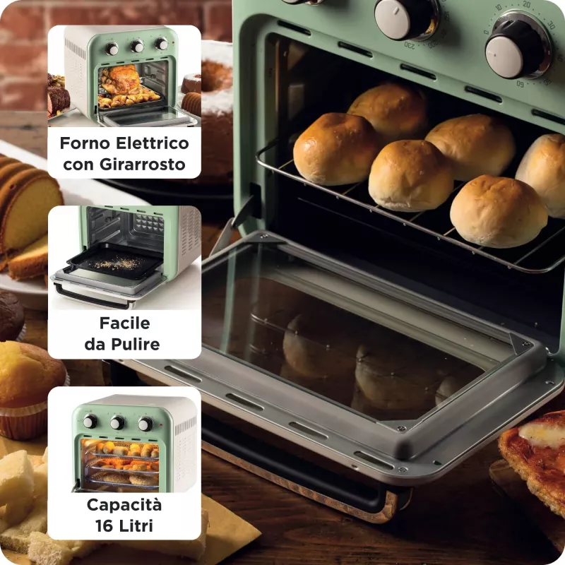 Ariete 4632 Gaisa fritējs un cepeškrāsns Vintage, 1400W, 2in1, Tilpums 16L, Piederumi komplektā, Taimeris 60 minūtes, Dubultais stikls, Zaļš