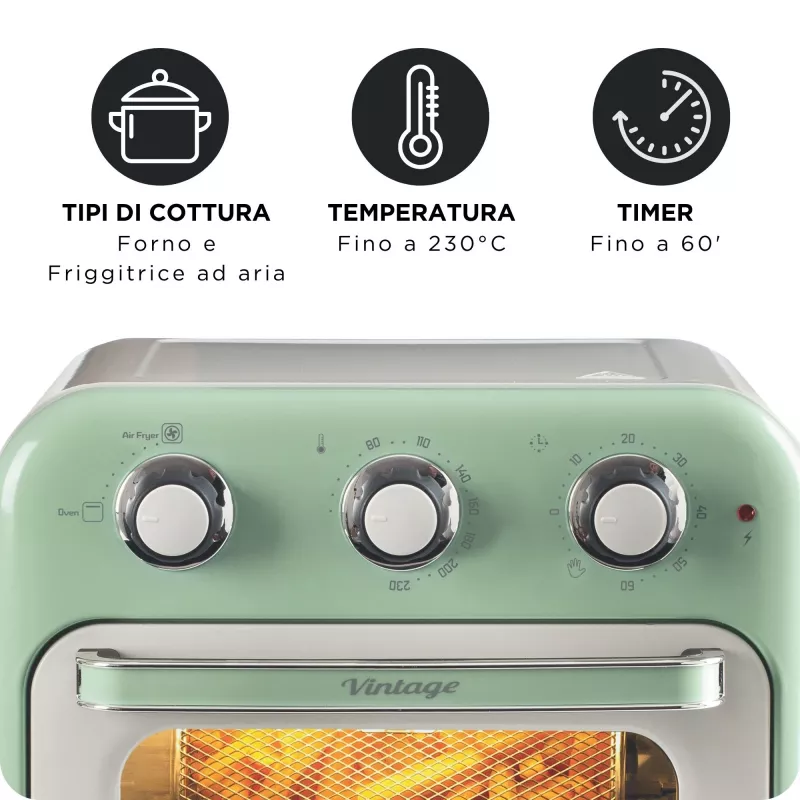 Ariete 4632 Gaisa fritējs un cepeškrāsns Vintage, 1400W, 2in1, Tilpums 16L, Piederumi komplektā, Taimeris 60 minūtes, Dubultais stikls, Zaļš