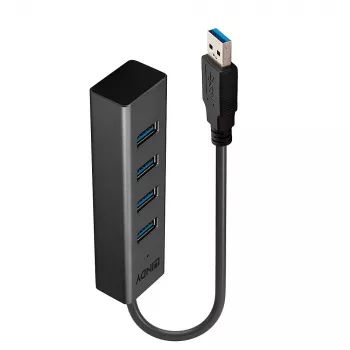 Lindy 4 Portu USB 3.0 Hubs, USB 3.2 Gen 1 (3.1 Gen 1) Type-A, 5000 Mbit/s, Melns, Alumīnijs, Plastmasa, 0.3 m