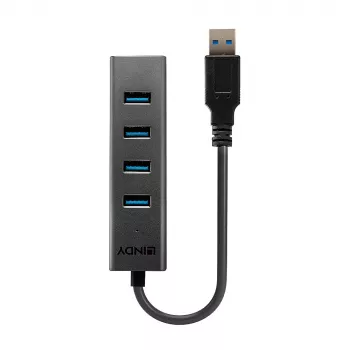 Lindy 4 Portu USB 3.0 Hubs, USB 3.2 Gen 1 (3.1 Gen 1) Type-A, 5000 Mbit/s, Melns, Alumīnijs, Plastmasa, 0.3 m