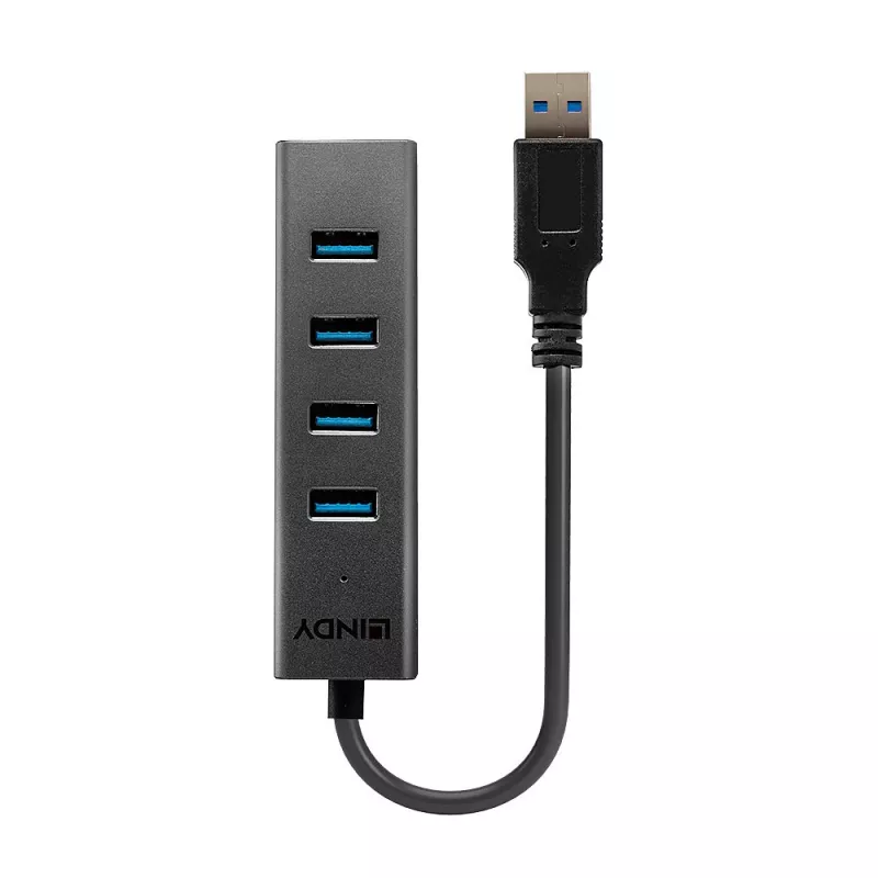 Lindy 43324 USB 3.0 centrmezgls ar 4 portiem, USB 3.2 Gen 1 Type-A, 5 Gbit/s, iebūvēts kabelis, alumīnijs/plastmasa, melns