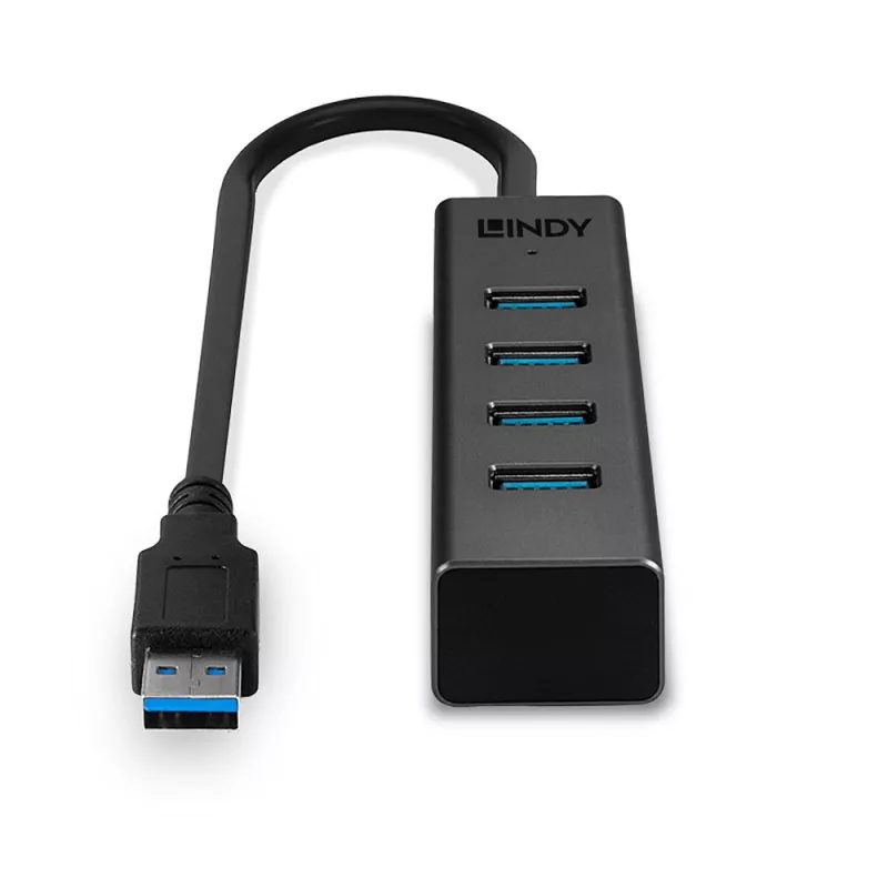Lindy 43324 USB 3.0 centrmezgls ar 4 portiem, USB 3.2 Gen 1 Type-A, 5 Gbit/s, iebūvēts kabelis, alumīnijs/plastmasa, melns
