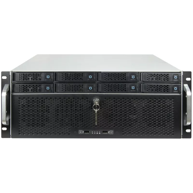 Servera korpuss INTER-TECH IPC 4U-4708 — 4U, melns, ATX/PS2 barošanas bloks, 4x priekšējie 80mm ventilatori, 2x aizmugurējie 80mm ventilatori, 2.5/3.5 collu HDD