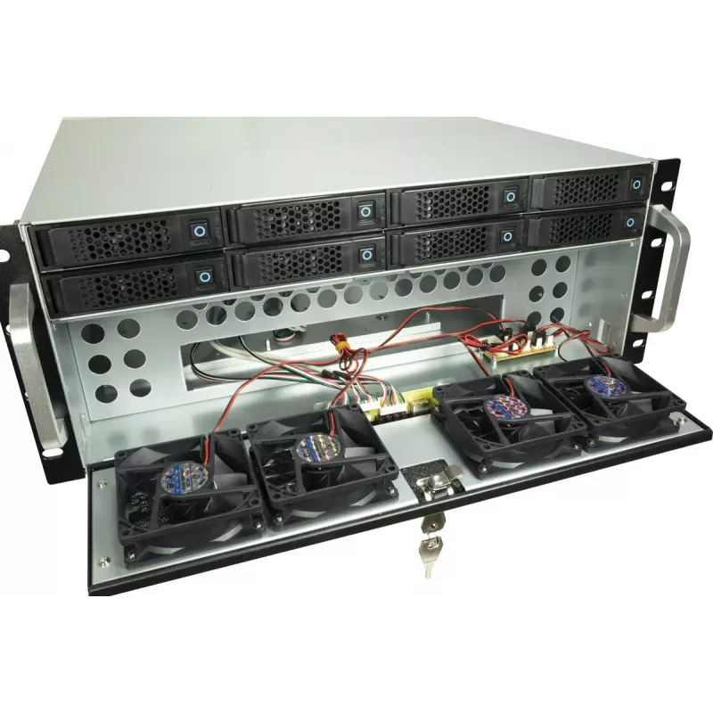 Servera korpuss INTER-TECH IPC 4U-4708 — 4U, melns, ATX/PS2 barošanas bloks, 4x priekšējie 80mm ventilatori, 2x aizmugurējie 80mm ventilatori, 2.5/3.5 collu HDD