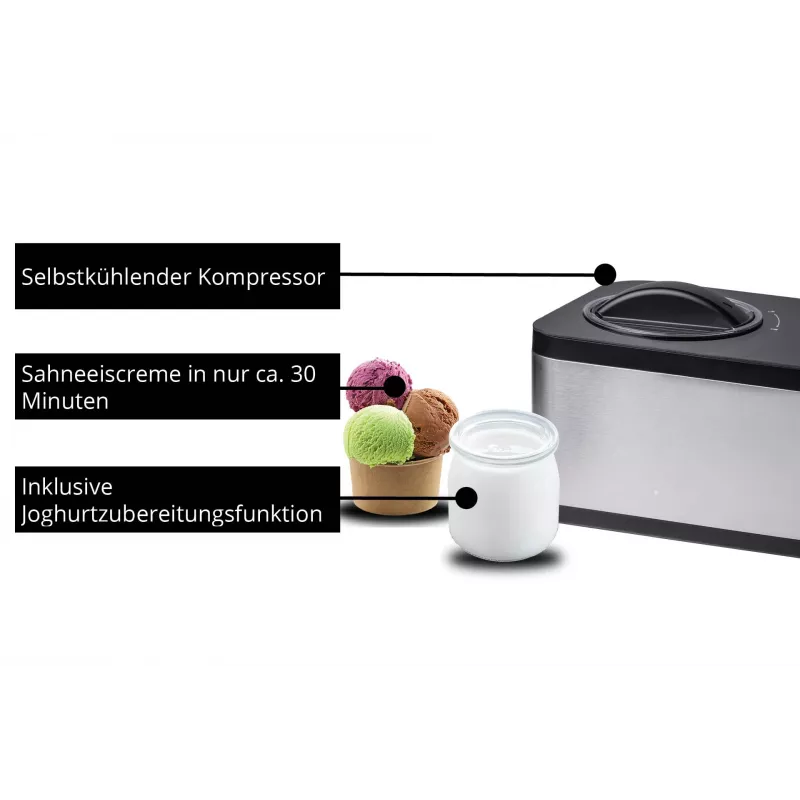 Unold 48826 EVA saldējuma un jogurta automāts ar kompresoru, 1,5 L, 120 W, melns, nerūsējošs tērauds