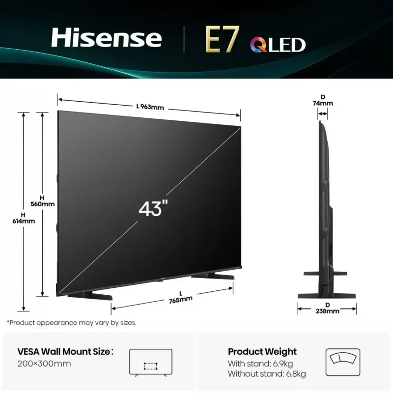 Hisense 43E77Q 43 collu (109 cm) 4K Ultra HD QLED Smart TV, melns