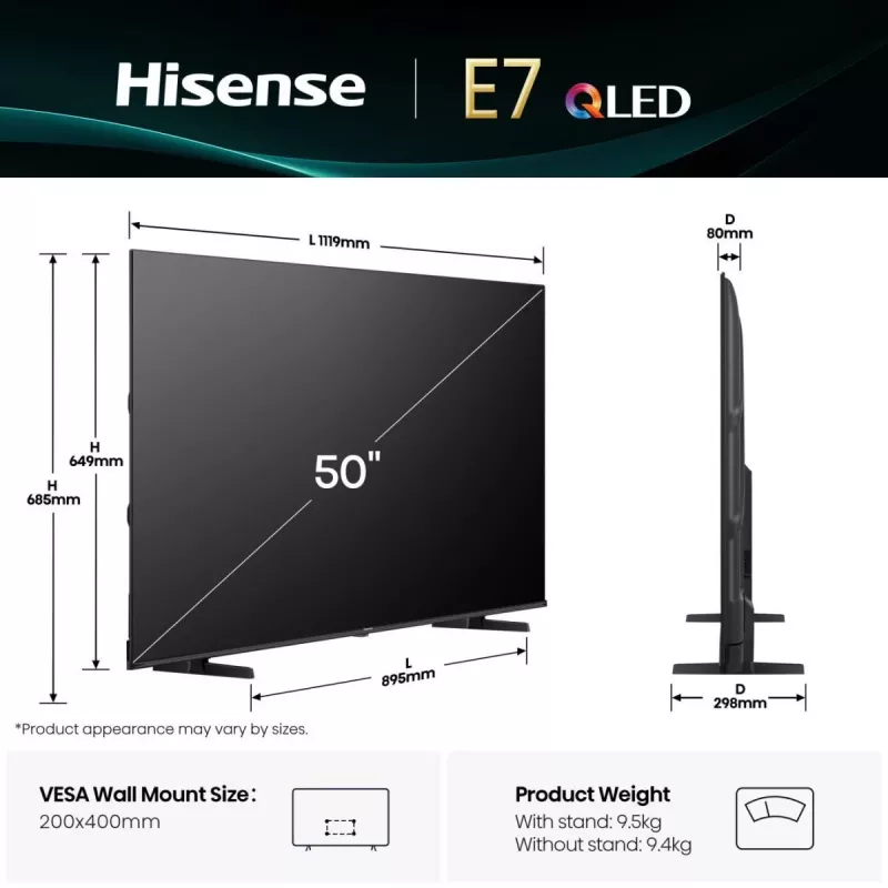 Hisense 50E77Q 127 cm (50 collu) 4K Ultra HD Smart QLED televizors, melns