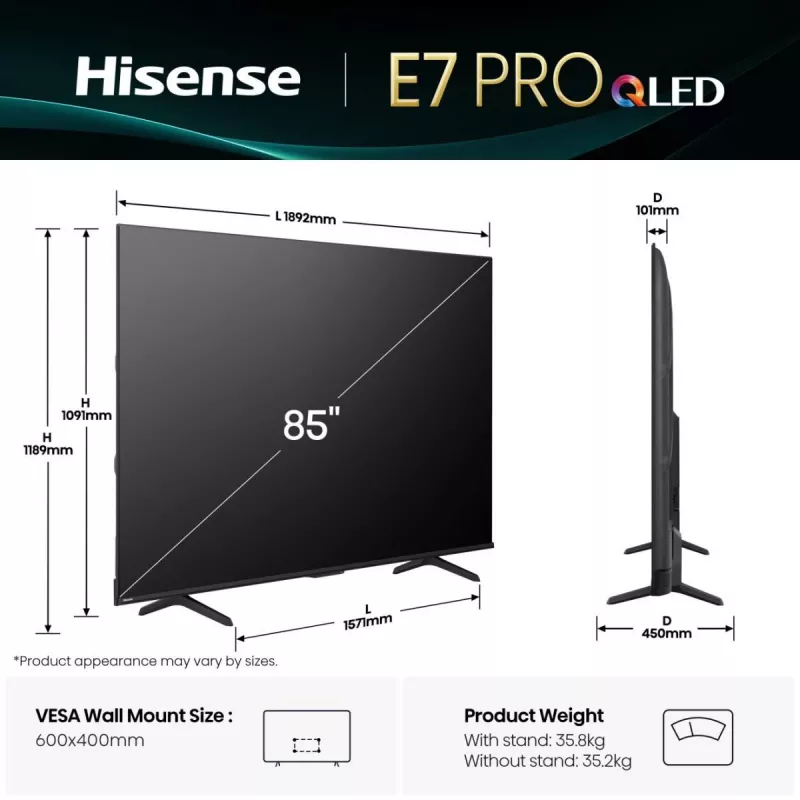 Hisense 85E77Q PRO 2.16 m (85 colli) 4K Ultra HD Smart TV Wi-Fi Melns