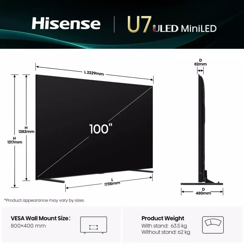 Hisense 100U7Q 2,54 m (100 collu) 4K Ultra HD Smart TV Wi-Fi Melns