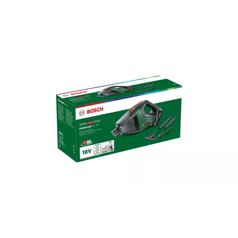 Bosch Universal Vac 18 2-in-1 kāta putekļsūcējs ar akumulatoru, bezmaiss, melns/zaļš, 2,5 Ah