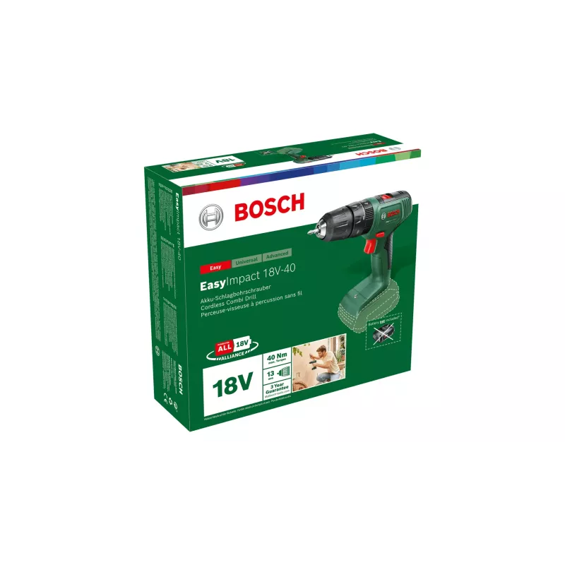 Bosch EasyImpact 18V-40 06039D8100 akumulatora triecienurbjmašīna-skrūvgriezis, 1630 apgr./min, 24450 sitieni/min, ātrās iespīlēšanas patrona, bez akumulatora un lādētāja, zaļa/melna