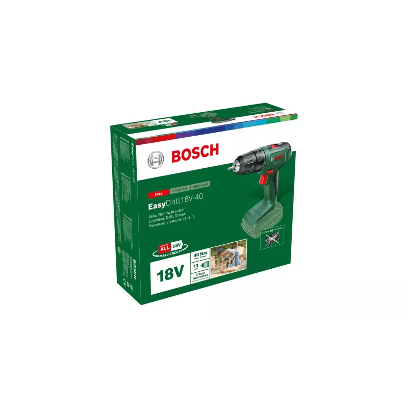 Bosch EasyDrill 18V-40 06039D8000 akumulatora urbjmašīna-skrūvgriezis, 40 Nm, 1630 apgr./min, 2 ātrumu, bez akumulatora un lādētāja, zaļa/melna