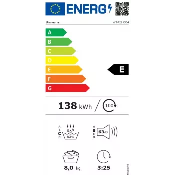 Siemens iQ300 WT43H004 veļas žāvētājs Brīvi stāvošs Priekšējā ielāde 8 kg Balts
