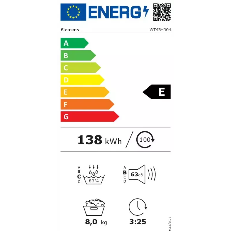 Siemens iQ300 WT43H004 veļas žāvētājs Brīvi stāvošs Priekšējā ielāde 8 kg Balts