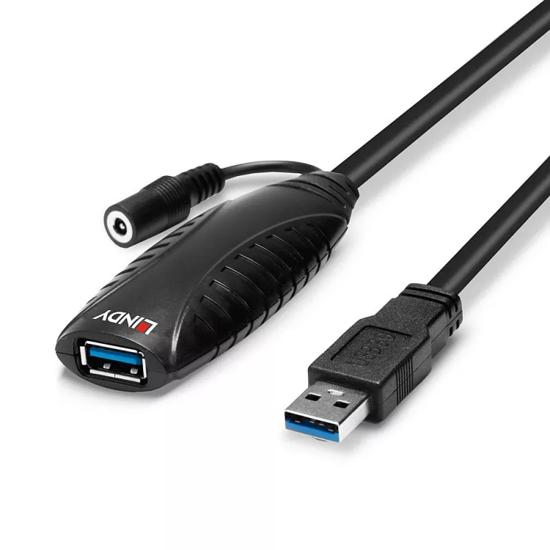 Lindy 43156 USB 3.0 aktīvais pagarinājuma kabelis, USB-A spraudnis – USB-A ligzda, 10 m, USB 3.2 Gen 1, 5 Gbit/s, melnā krāsā