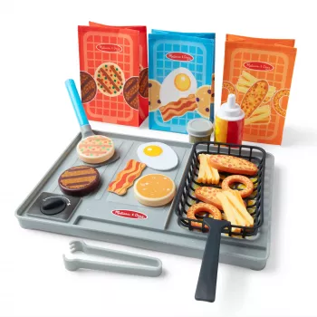Melissa & Doug Flip & Fry Grill Play Set ar Water WOW krāsu mainošu rotaļu ēdienu, pirmsskolas rotaļlieta, vecumam no 3 gadiem
