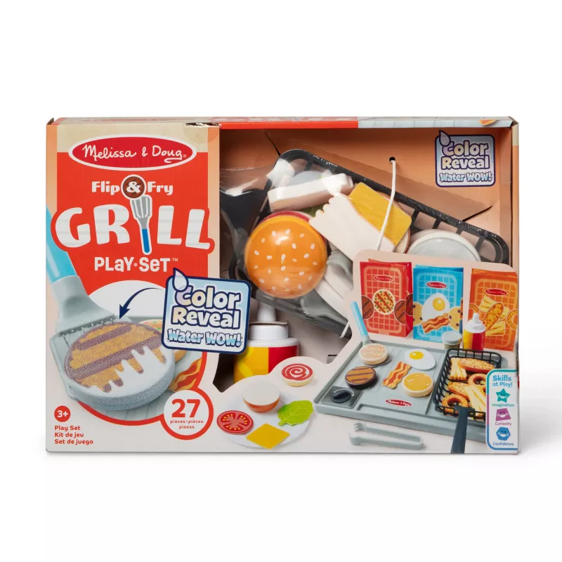 Melissa & Doug Flip & Fry Grill Play Set ar Water WOW krāsu mainošu rotaļu ēdienu, pirmsskolas rotaļlieta, vecumam no 3 gadiem