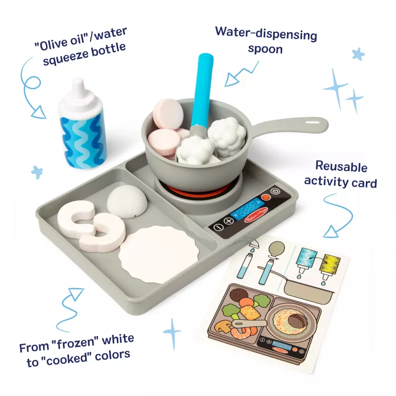 Melissa & Doug Simmer & Stir Stovetop Play Set ar Ūdens WOW! Krāsu Mainošu Rotaļu Pārtiku