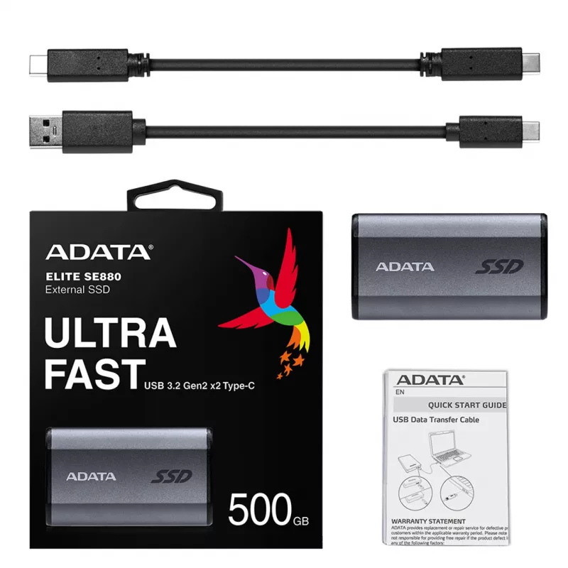 ADATA SE880 500 GB ārējais SSD, USB-C 3.2 Gen 2x2, pelēks