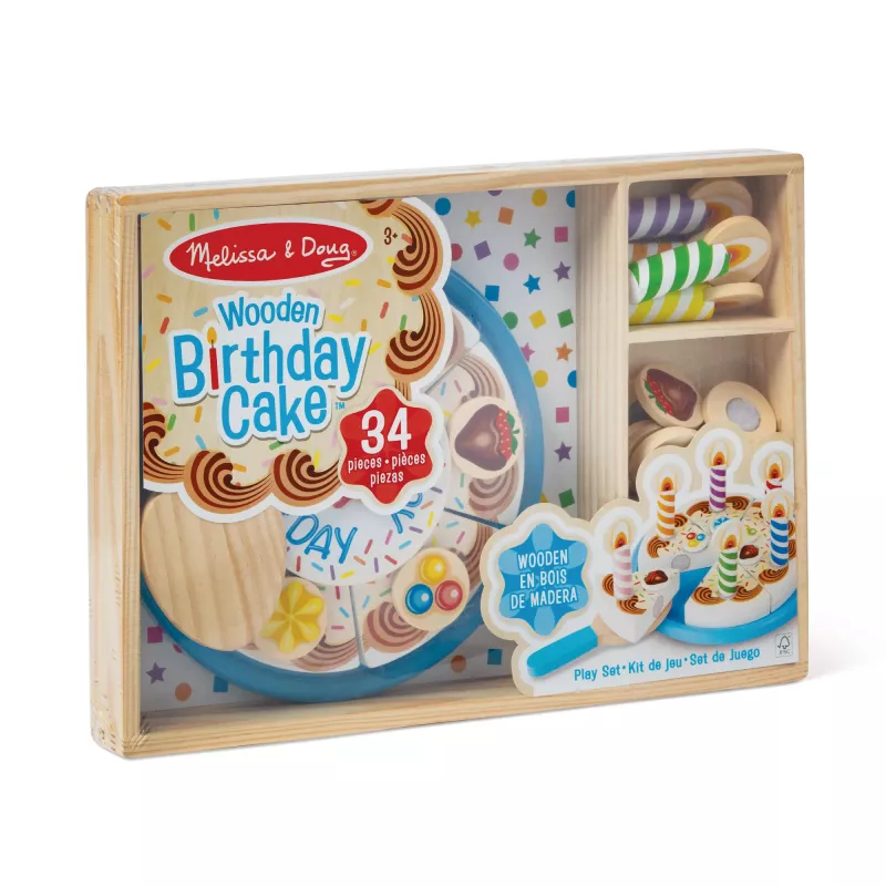 Melissa & Doug Birthday Party Cake - Koka spēļu ēdiens ar maināmiem rotājumiem un 7 svecēm