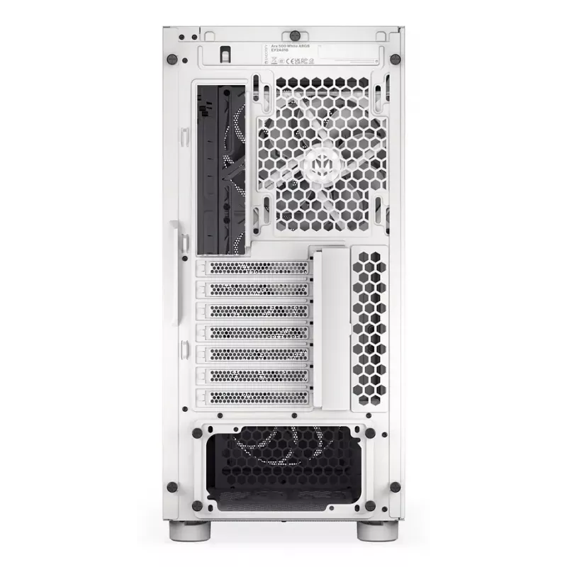 PC Midi Tower korpuss ENDORFY ARX 500 ARGB White — rūdīts stikls, atbalsta ATX/Micro-ATX/Mini-ITX, 3x140mm priekšā + 1x140mm aizmugurē, 1×3.5 collu + 6×2.5 collu vietas
